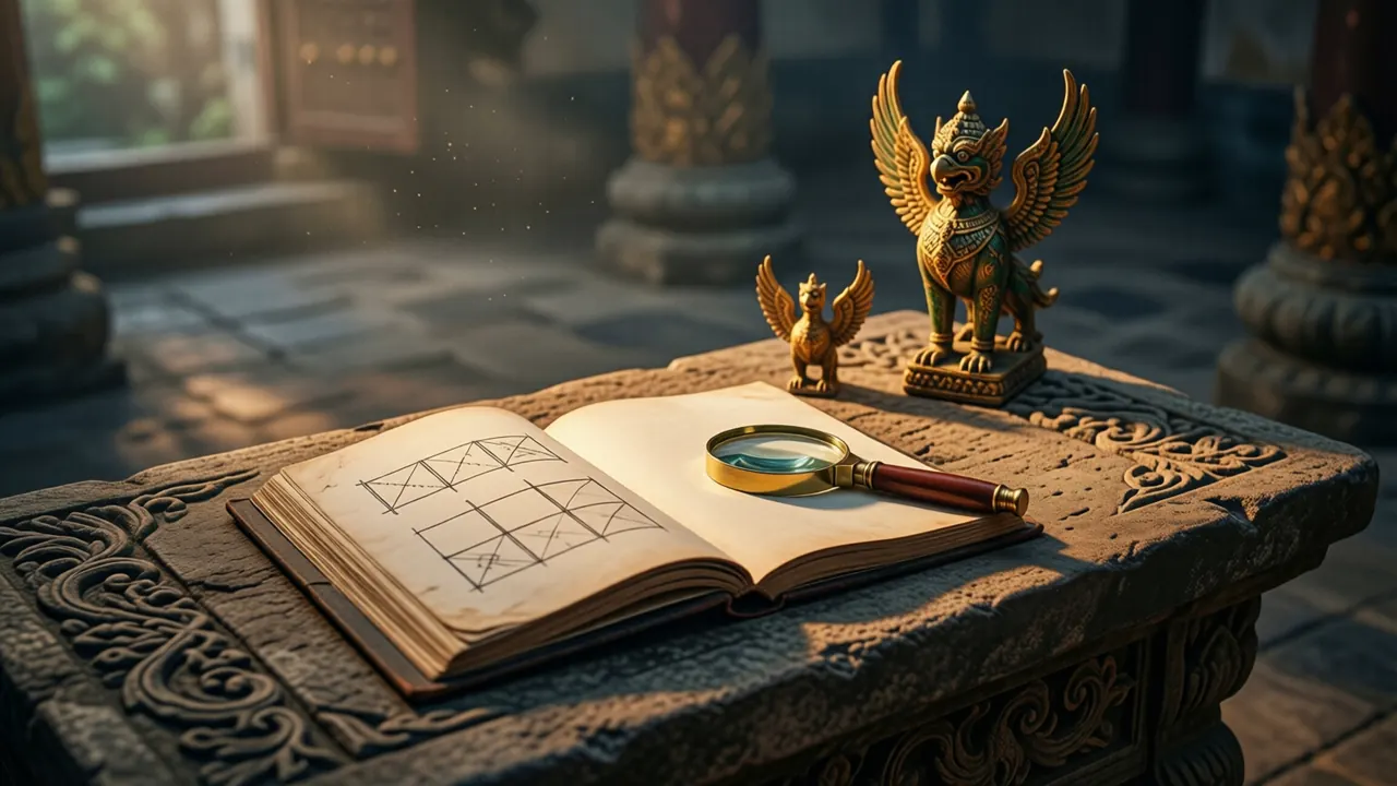 A carved sandstone reading desk in a quiet temple hall at dusk, an open notebook on it with two hand-drawn three-by-three grids side by side, a brass magnifying loupe on the page and a small golden statuette of a winged bird-headed guardian standing at the desk's far corner.