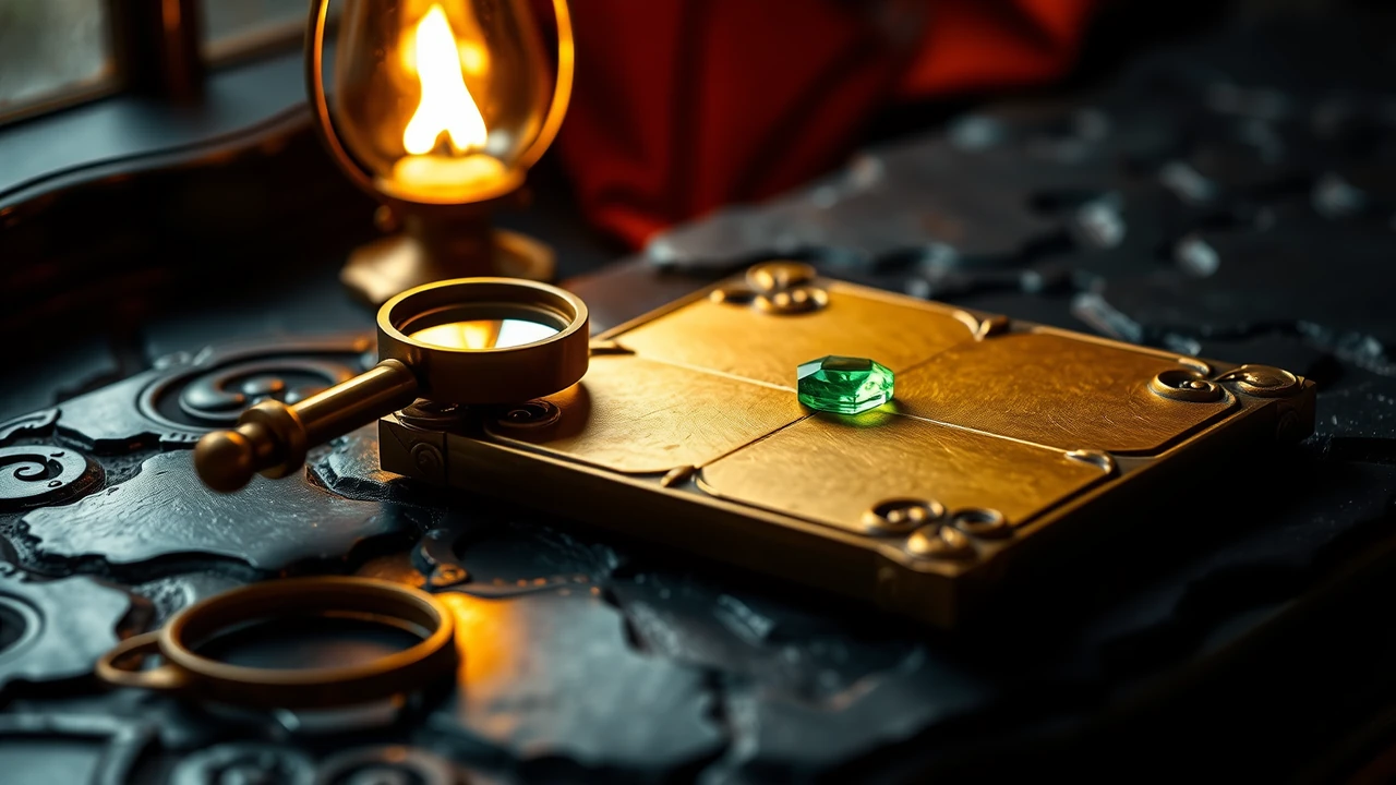 One large square gold tile with ornate scrolled corners and a single faceted hexagonal emerald at its centre, lying flat on dark carved stone, a brass magnifying loupe resting on the stone beside it, a small oil lamp glowing softly behind.