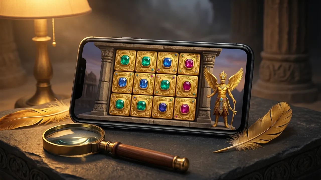 One smartphone lying face up on dark carved sandstone, its whole screen filled edge to edge by a three-by-three grid of nine square gold tiles holding faceted emeralds and rubies, nothing else on the screen, a brass magnifying loupe lying beside the phone and a single golden feather near its edge, warm lamp light from the left.