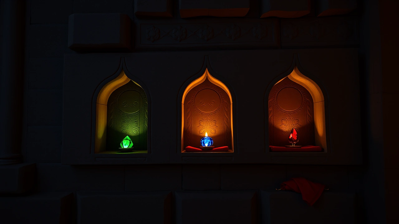 A carved sandstone temple wall at dusk with three small arched niches in a row, each lit by a small oil lamp and holding one large faceted gem on a folded red cloth, an emerald in the first, a sapphire in the second and a ruby in the third.