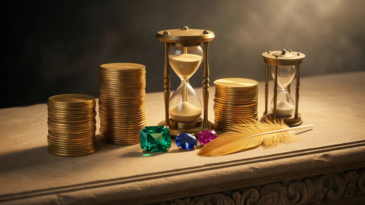 Three short stacks of plain gold discs, their faces entirely smooth, standing on a carved sandstone ledge, a small brass hourglass beside them with the sand gathered in the upper bulb, a faceted emerald, sapphire and ruby set apart in a short row with gaps between them, and a single golden feather, warm lamp light.