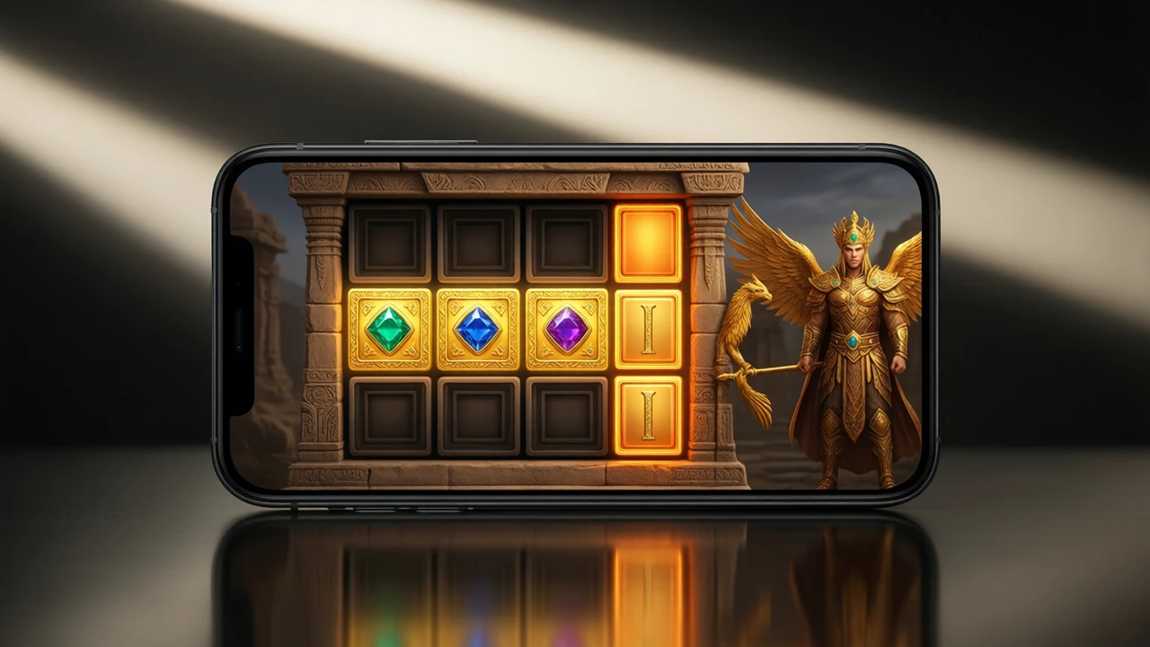 A three-by-three grid of square reel tiles in a carved sandstone temple frame seen straight-on, the middle row of gold tiles lit brightly with a faceted emerald, sapphire and ruby while the rows above and below stay dim, a narrow column of gold tiles beside the grid glowing ember orange, rendered game art with material and light, not flat clip-art.