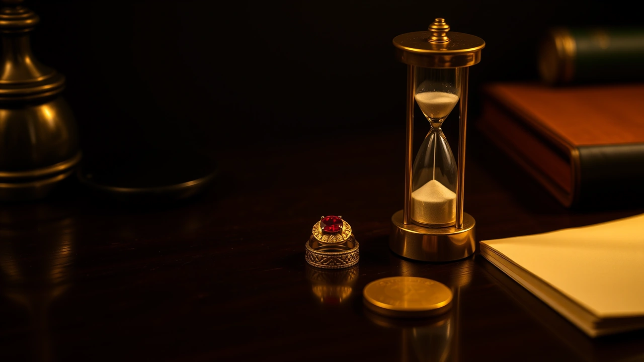 A small brass hourglass standing on a dark polished wooden desk, the sand still gathered in the upper bulb, beside a round ruby in an ornate gold ring and a short stack of plain gold discs, their faces entirely smooth, warm lamp light from the left.