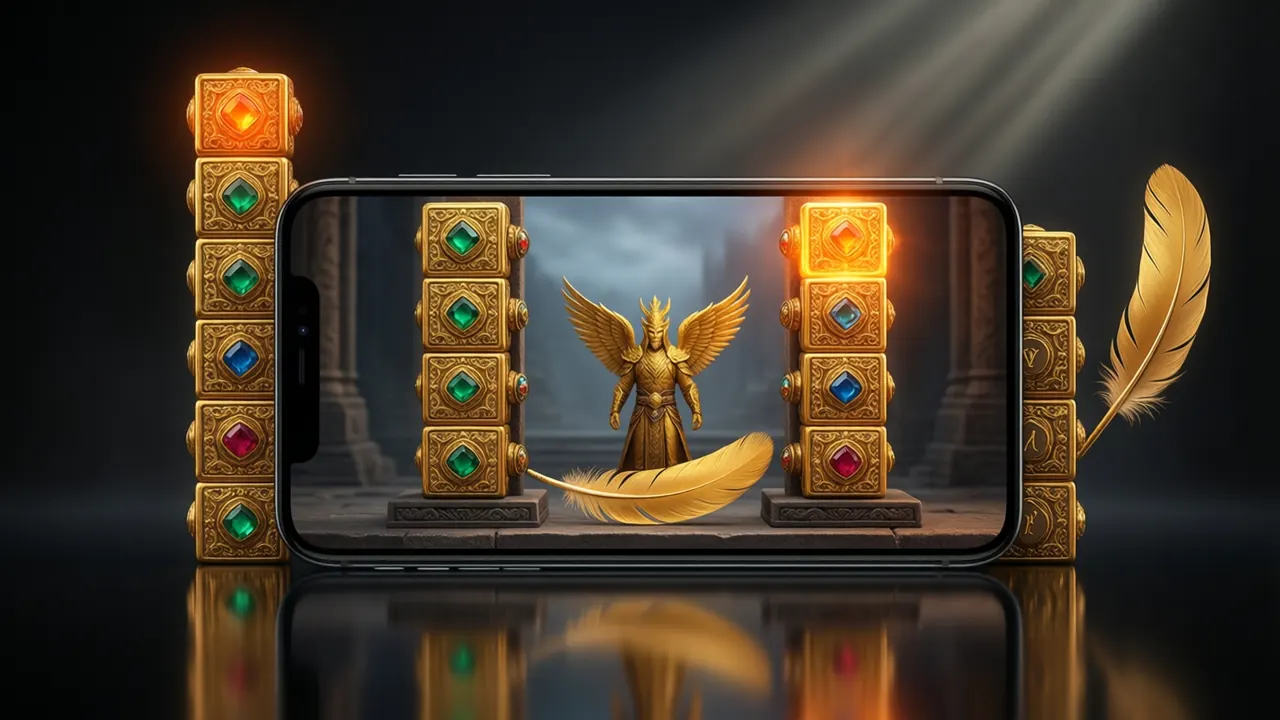 Two tall narrow columns of ornate gold reel tiles standing side by side on dark carved sandstone, identical in every carving and gem, the right column one tile taller with its top tile glowing bright ember orange, a single golden feather lying between their bases, warm light from the left.