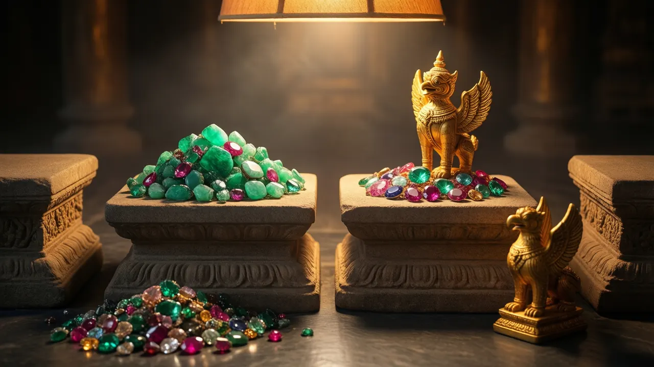 Two carved sandstone display plinths side by side on a dark temple floor, the left plinth holding a loose heap of faceted emeralds, sapphires and rubies with nothing else, the right plinth holding the same kind of gems beneath a small golden statuette of a winged bird-headed guardian, warm lamp light from above.