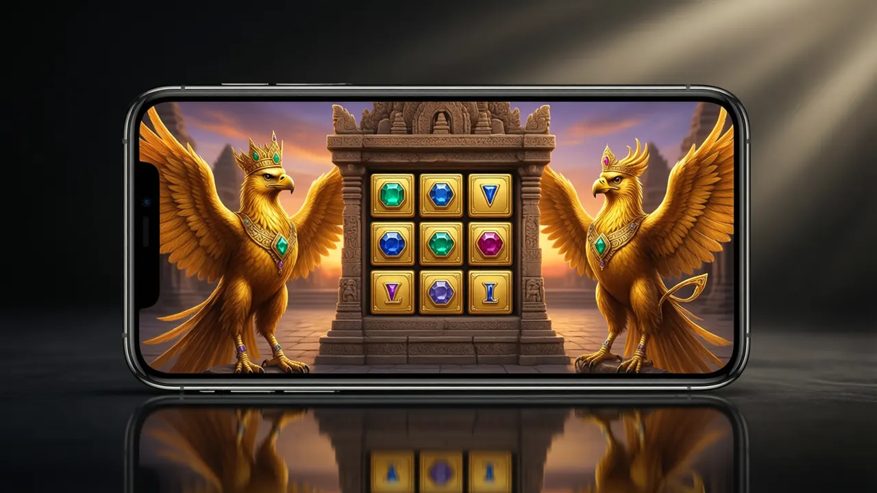 A tall golden bird-headed Garuda figure with wide feathered wings and a jewelled crown standing beside a three-by-three grid of square reel tiles set in a carved sandstone temple frame, gold tiles holding faceted emeralds, sapphires and rubies, an ancient temple courtyard fading into an orange and violet sunset behind, rendered game art with material and light.