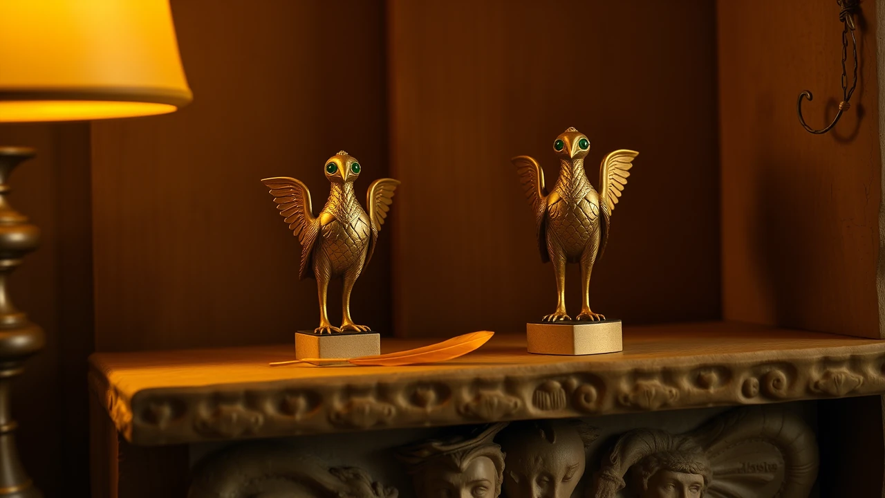 Two small golden statuettes of a winged bird-headed guardian standing side by side on a carved sandstone shelf, identical in every feather and jewel, one standing on a slightly taller plinth of plain carved stone, a single golden feather lying between them, warm lamp light from the left.